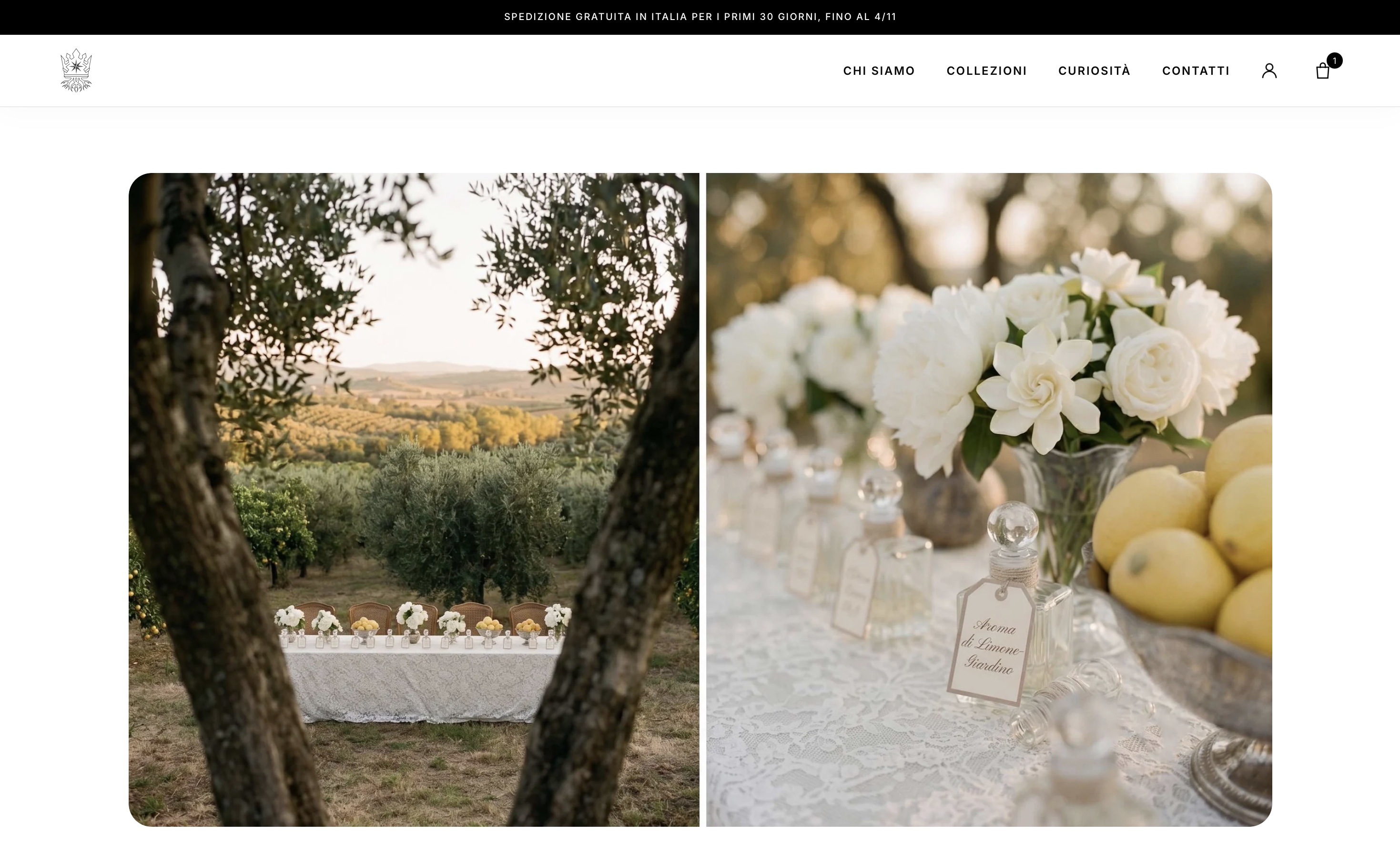 Schermata desktop di Atelier Aethel con un paesaggio pugliese e una composizione di fragranze e fiori